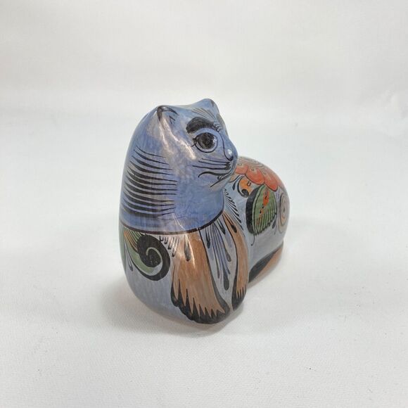 Mexican Folk Art Cat Earthen Ware Clay Figurine Hand Painted Blue Floral 5x4" - Picture 2 of 9
